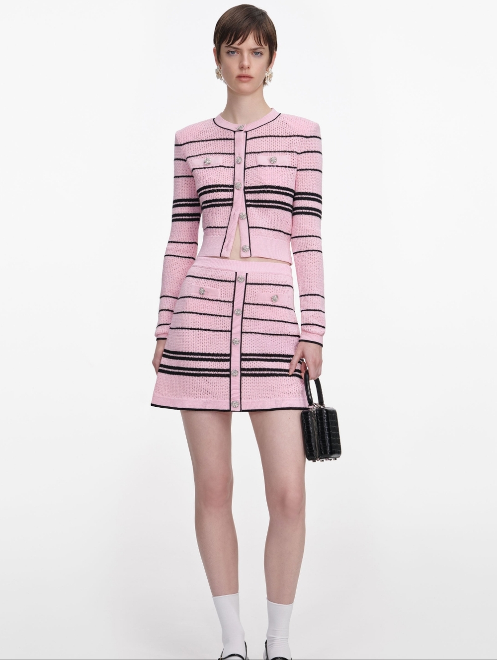 Self Portrait Pink Stripe Cardigan With Knit Mini Skirt